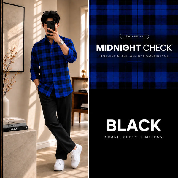 Premium Midnight Check Full Sleeves Shirt With Black Drawstring Trouser