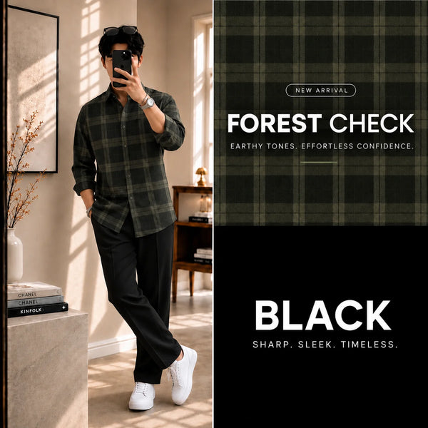 Premium Forest Check Full Sleeves Shirt With Black Drawstring Trouser