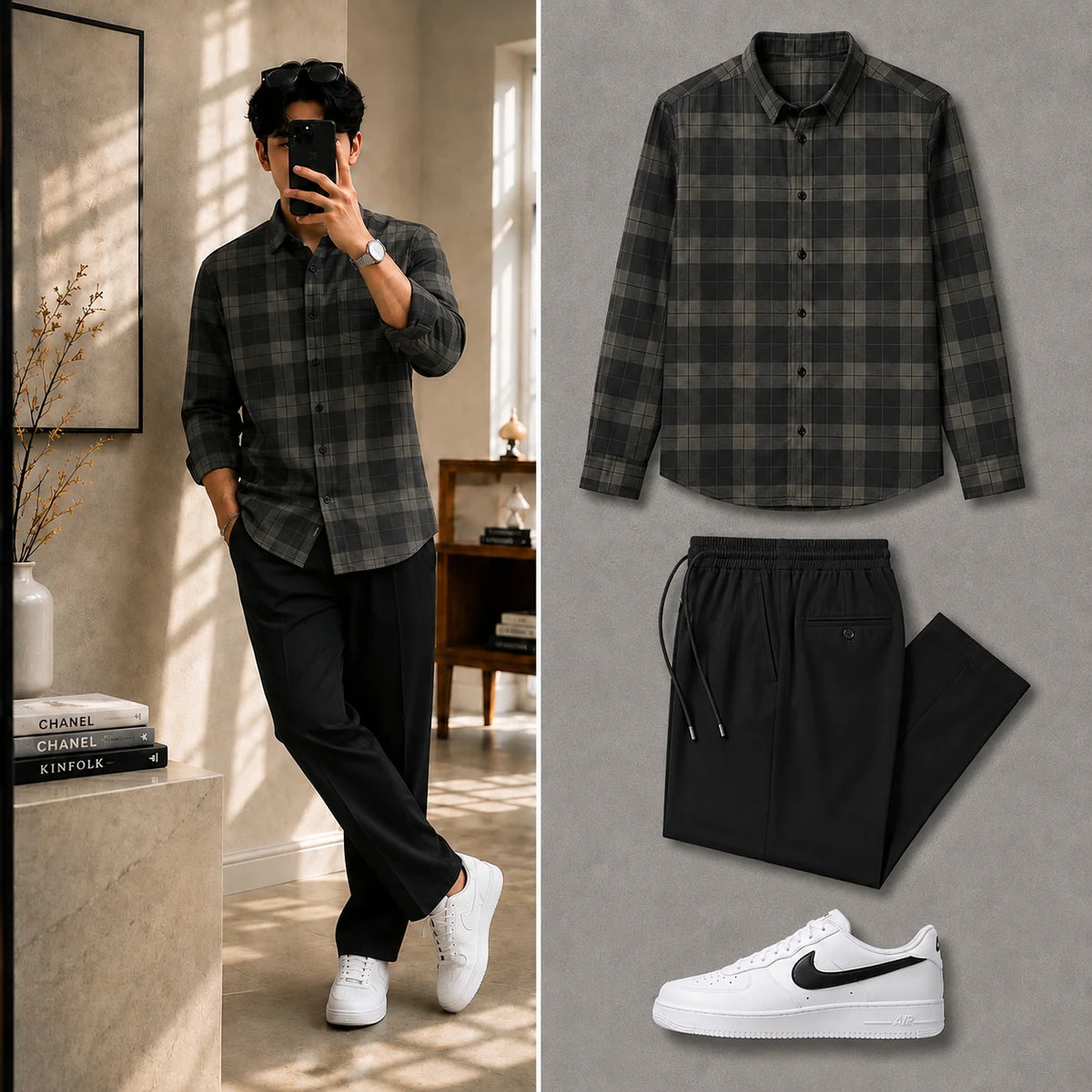 Premium Forest Check Full Sleeves Shirt With Black Drawstring Trouser