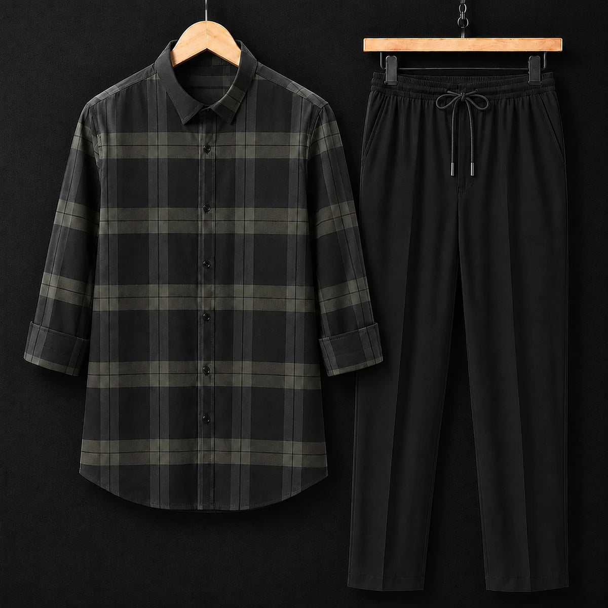 Premium Forest Check Full Sleeves Shirt With Black Drawstring Trouser