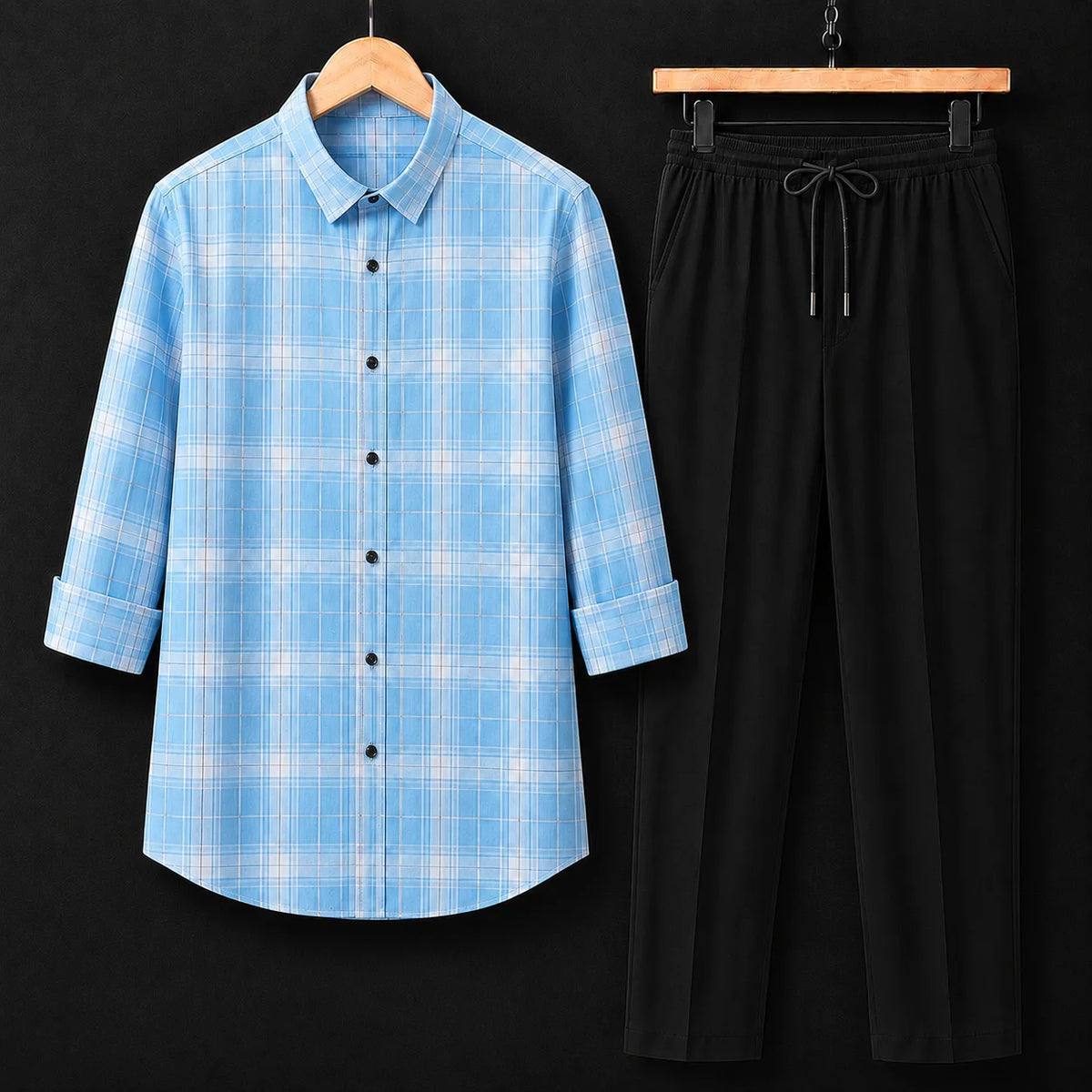 Premium Aura Check Full Sleeves Shirt With Black Drawstring Trouser