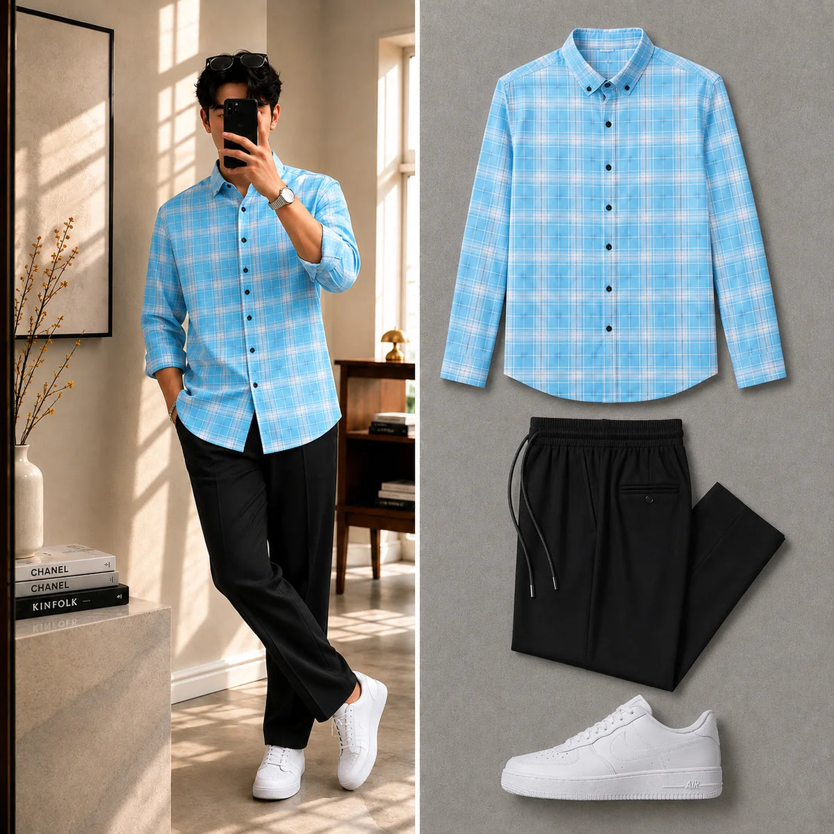Premium Aura Check Full Sleeves Shirt With Black Drawstring Trouser