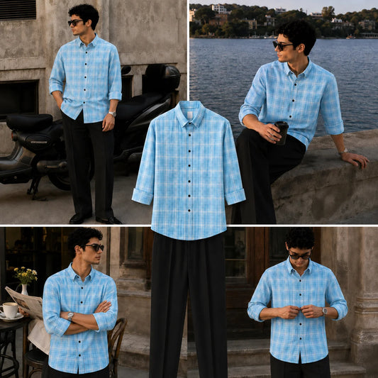 Premium Aura Check Full Sleeves Shirt With Black Drawstring Trouser