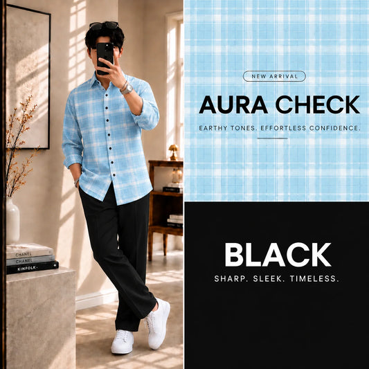Premium Aura Check Full Sleeves Shirt With Black Drawstring Trouser