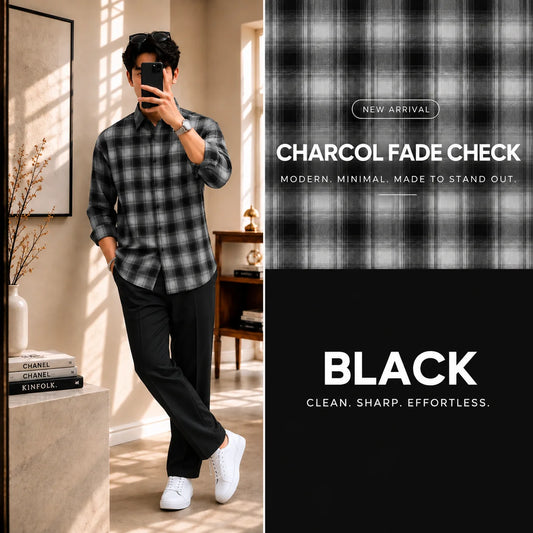 Premium Charcol Fade Check Full Sleeves Shirt With Black Drawstring Trouser