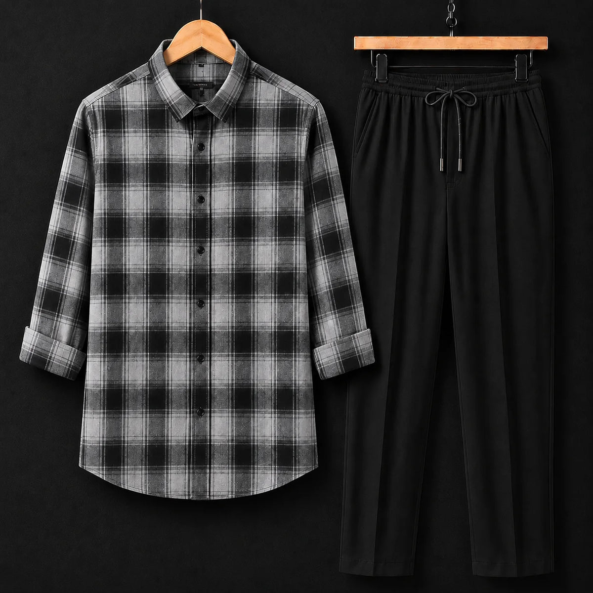 Premium Charcol Fade Check Full Sleeves Shirt With Black Drawstring Trouser