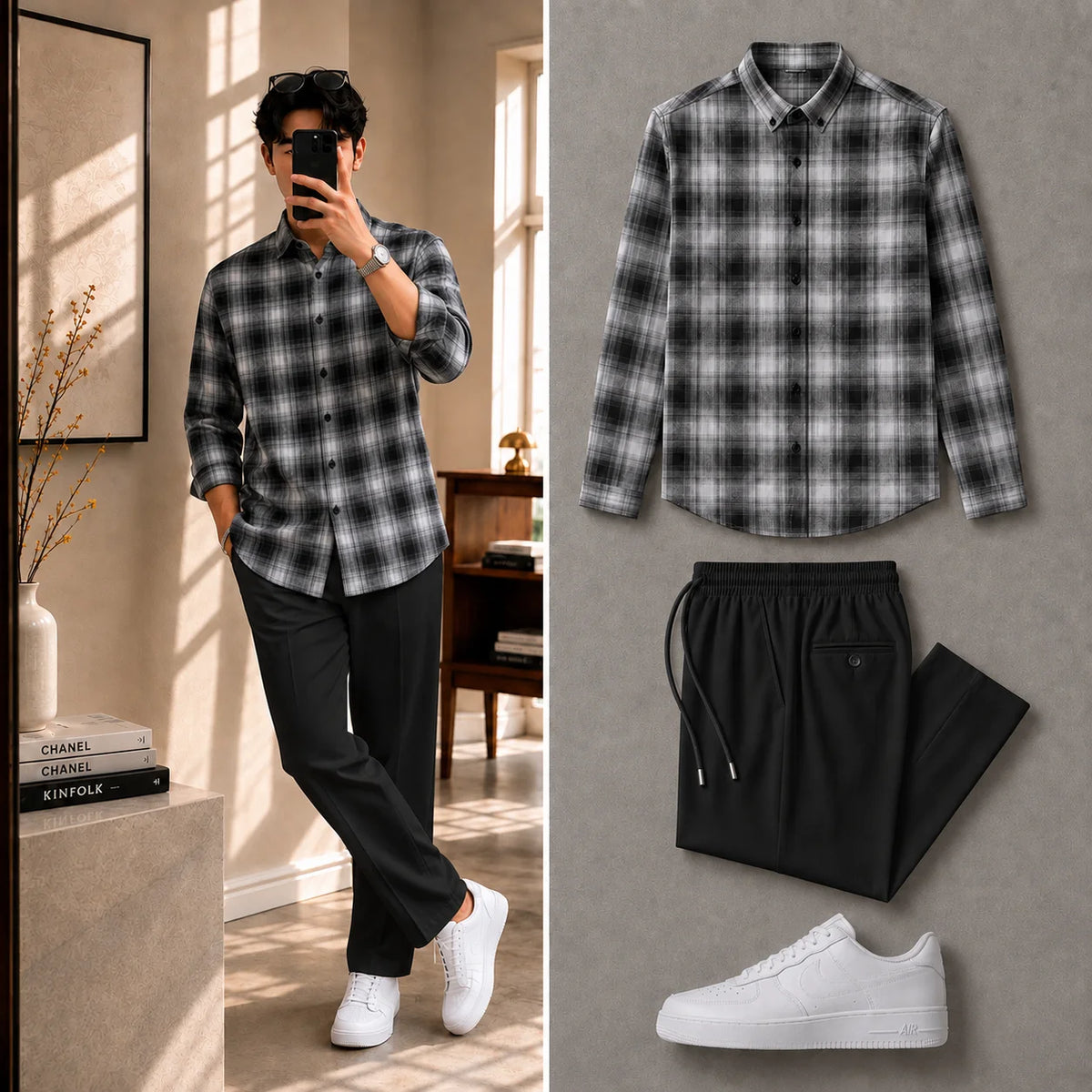 Premium Charcol Fade Check Full Sleeves Shirt With Black Drawstring Trouser