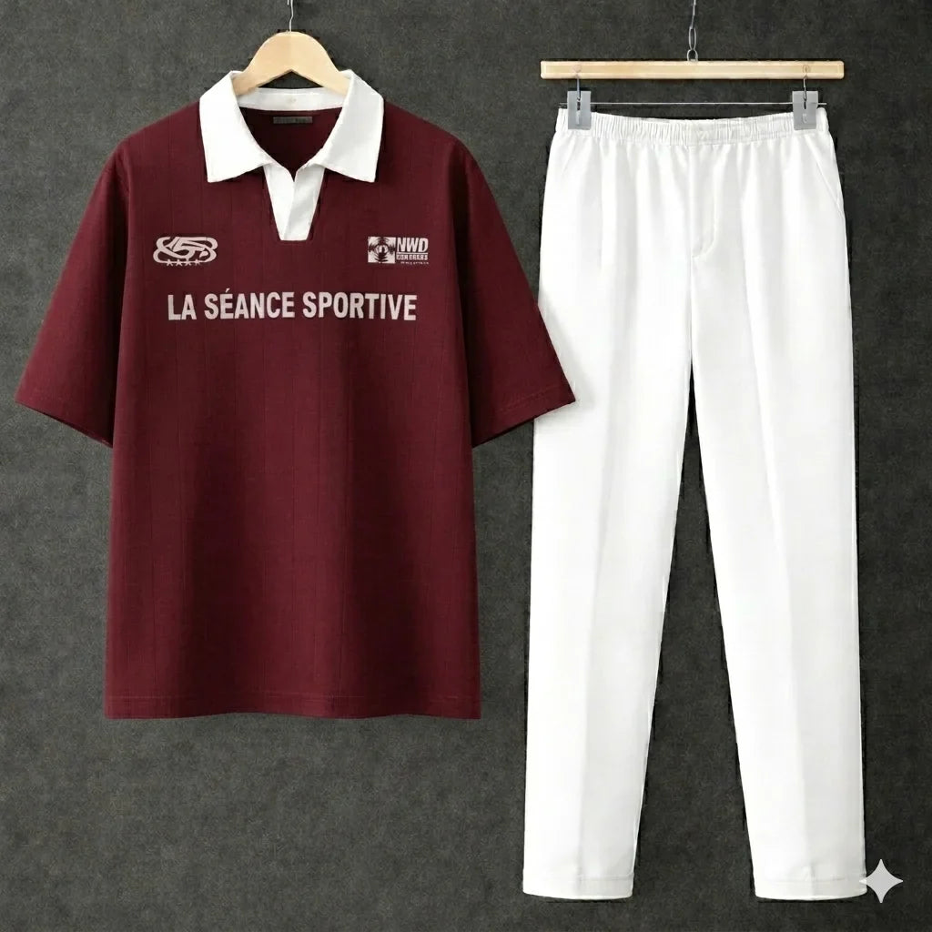 Maroon Polo Contrast Collar Printed Drop Shoulder Shirt With White Drawstring Trouser