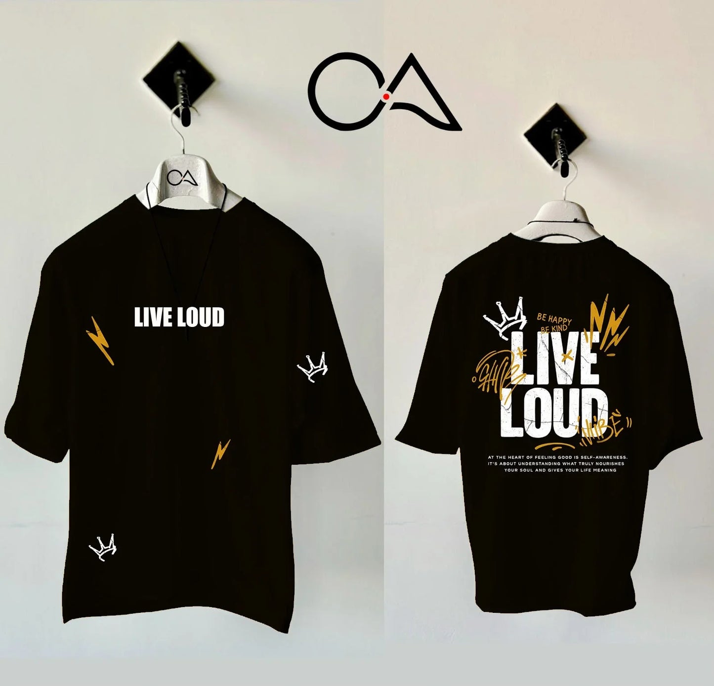 Printed Live Loud Black Drop Shoulder Shirt With White Drawstring Trouser