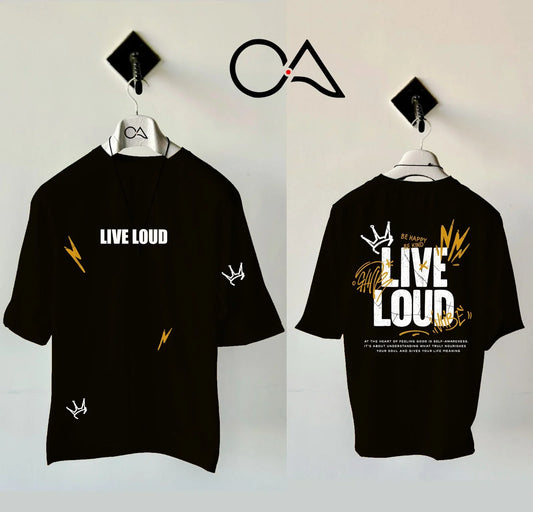 Printed Live Loud Black Drop Shoulder Shirt With White Drawstring Trouser