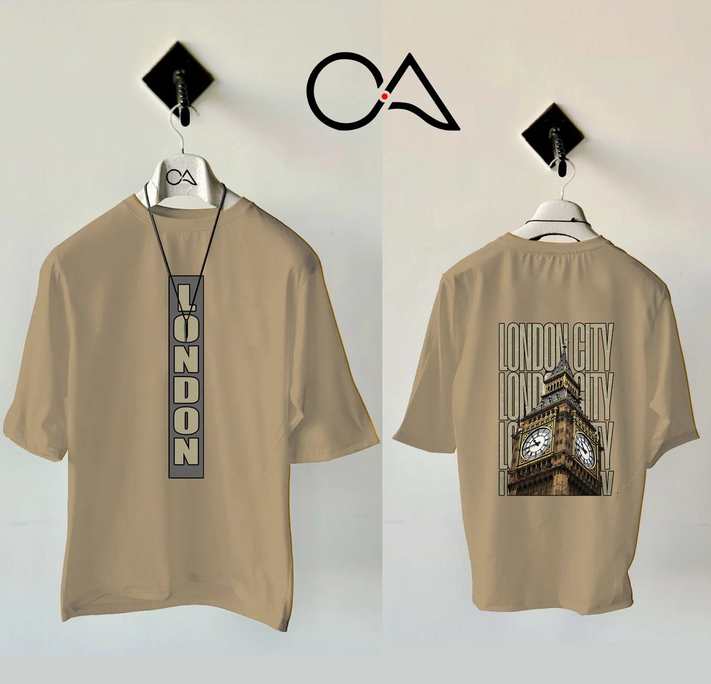 Printed London Beige Drop Shoulder Shirt With Black Drawstring Trouser