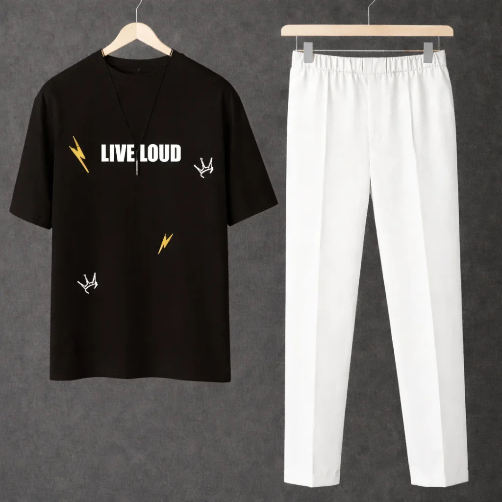 Printed Live Loud Black Drop Shoulder Shirt With White Drawstring Trouser
