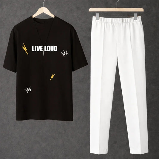 Printed Live Loud Black Drop Shoulder Shirt With White Drawstring Trouser