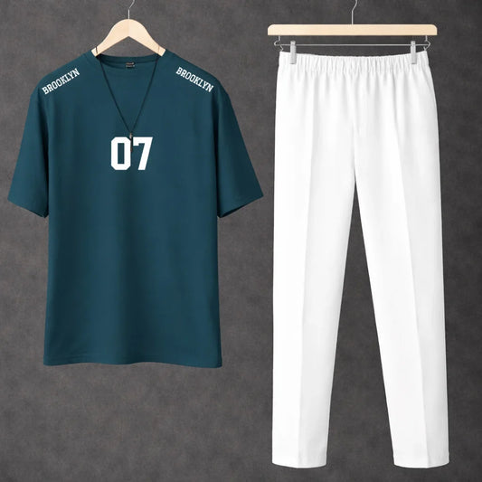 Printed New York Blue Drop Shoulder Shirt With White Drawstring Trouser