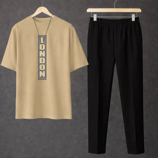 Printed London Beige Drop Shoulder Shirt With Black Drawstring Trouser