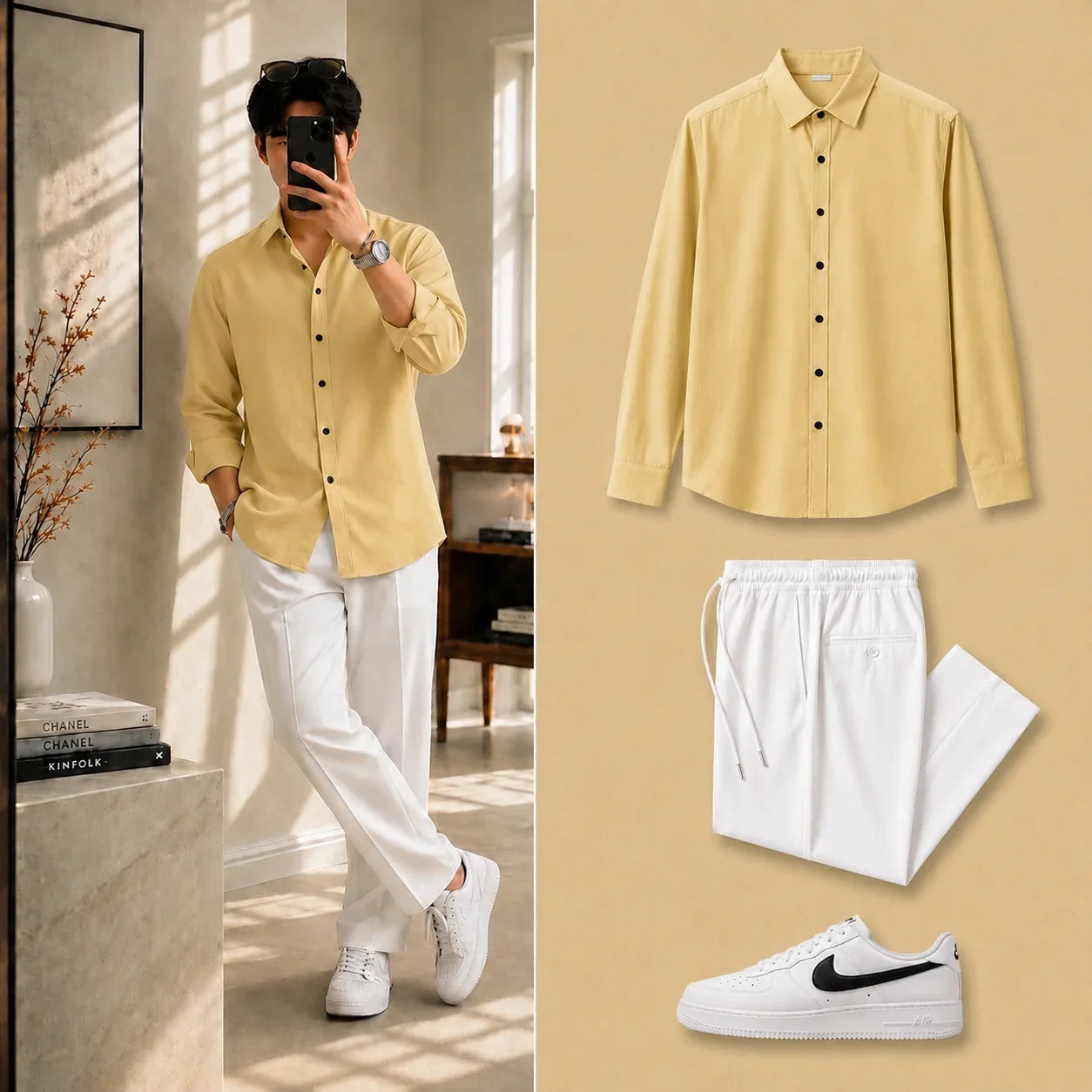 Premium Soft Yellow Full Sleeves Shirt With White Drawstring Trouser