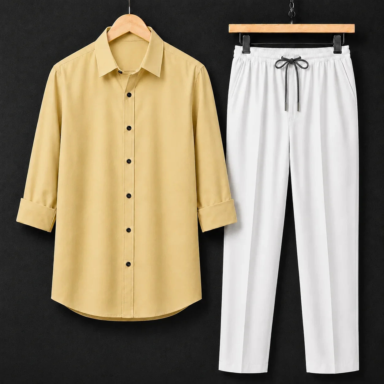 Premium Soft Yellow Full Sleeves Shirt With White Drawstring Trouser