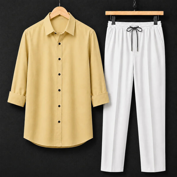 Premium Soft Yellow Full Sleeves Shirt With White Drawstring Trouser