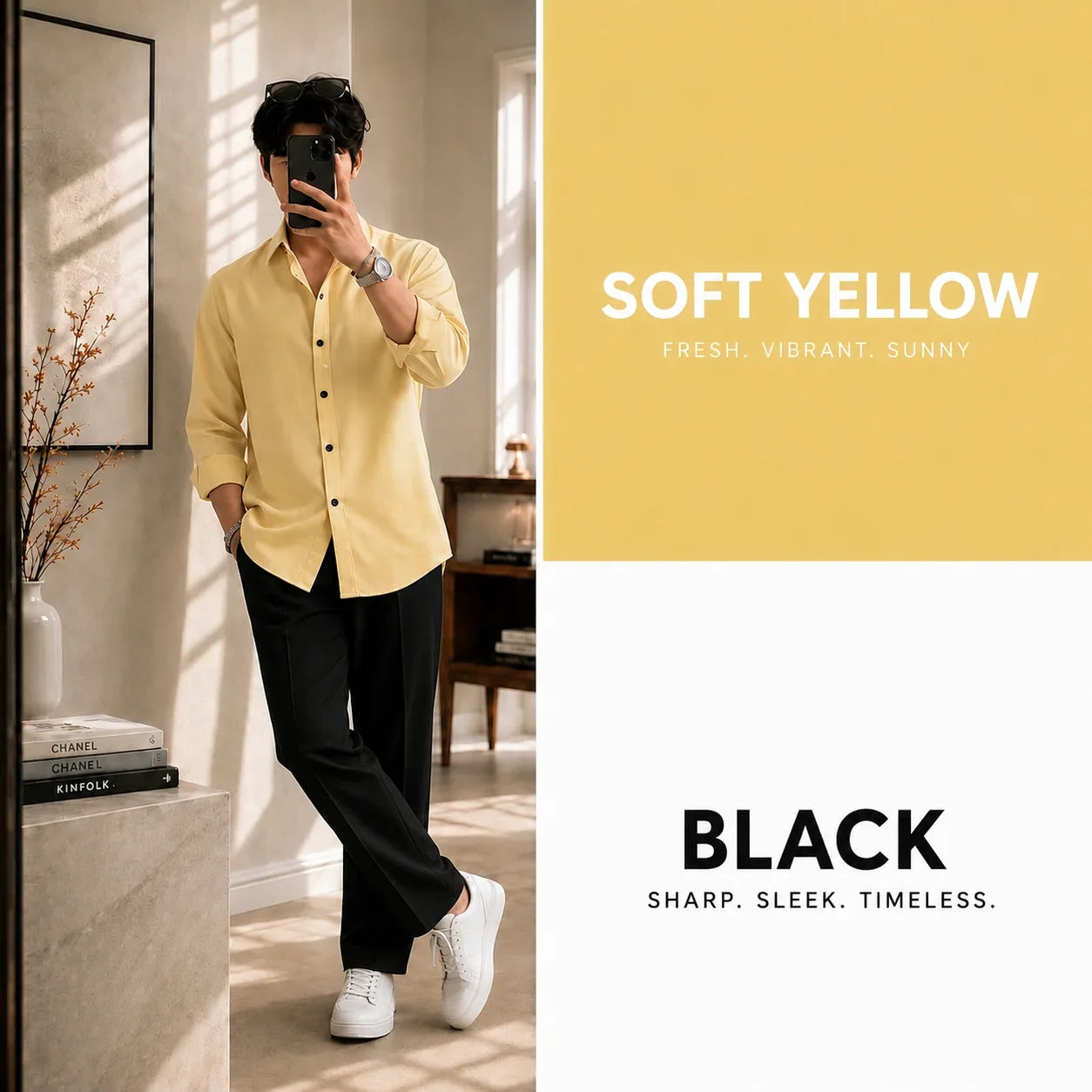 Premium Soft Yellow Full Sleeves Shirt With Black Drawstring Trouser