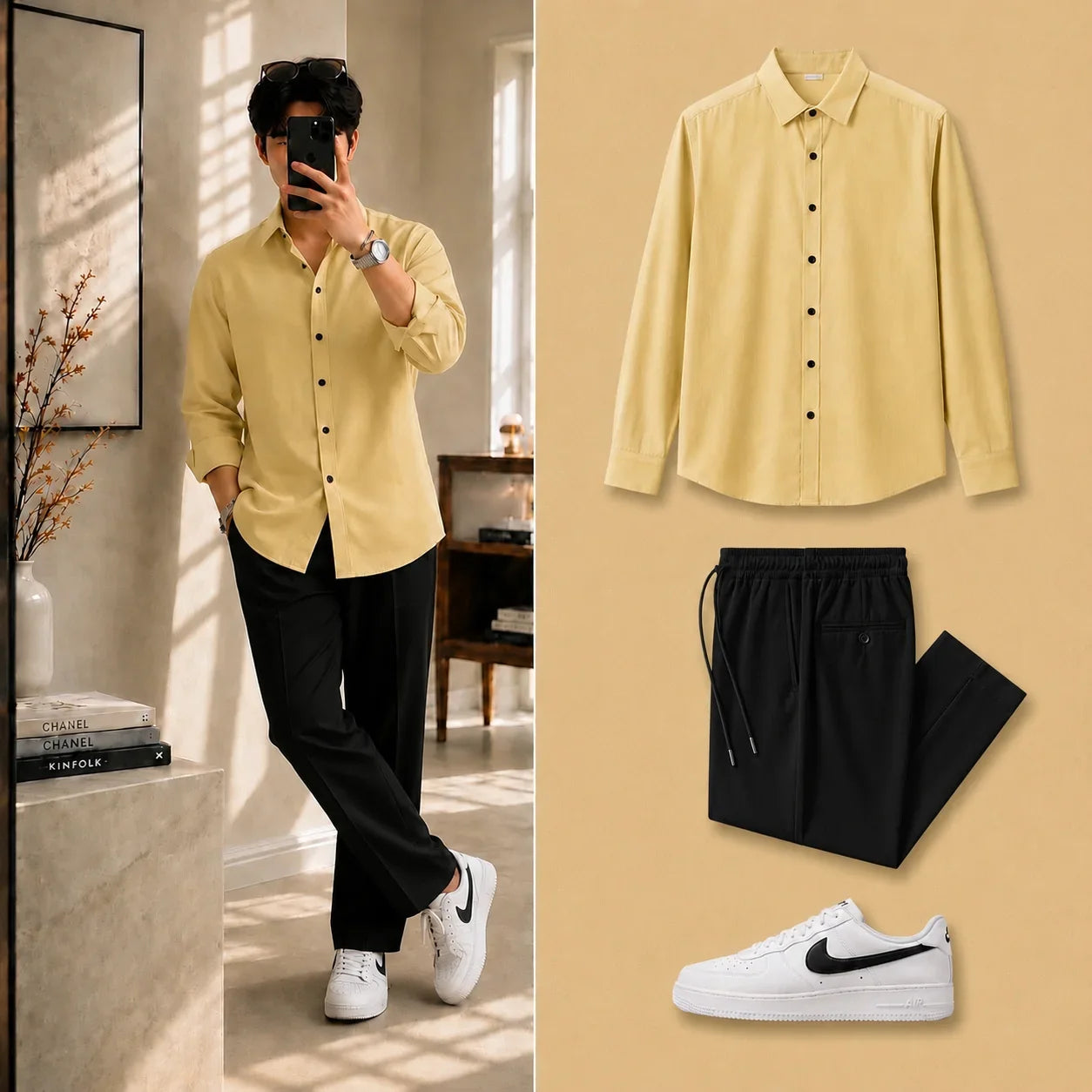 Premium Soft Yellow Full Sleeves Shirt With Black Drawstring Trouser