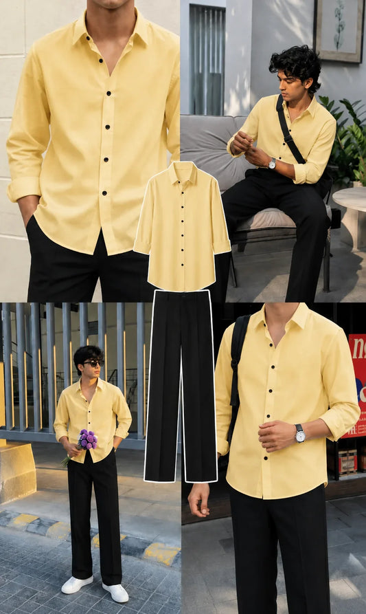 Premium Soft Yellow Full Sleeves Shirt With Black Drawstring Trouser