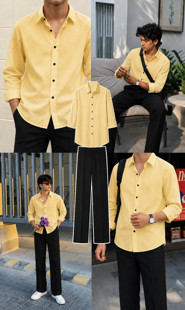 Premium Soft Yellow Full Sleeves Shirt With Black Drawstring Trouser