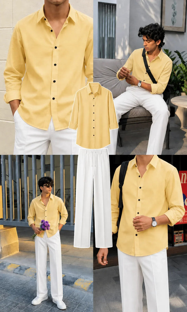 Premium Soft Yellow Full Sleeves Shirt With White Drawstring Trouser