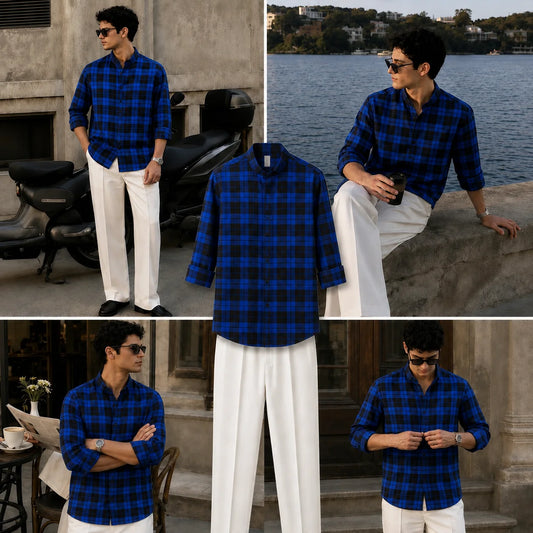 Premium Midnight Check Full Sleeves Shirt With White Drawstring Trouser