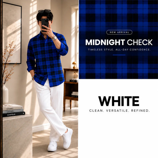Premium Midnight Check Full Sleeves Shirt With White Drawstring Trouser