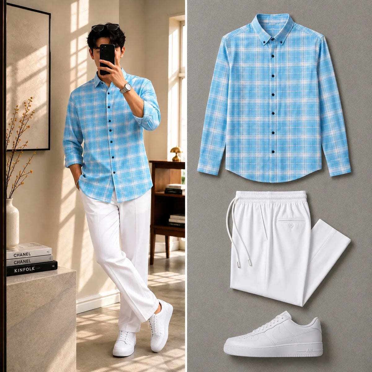 Premium Aura Check Full Sleeves Shirt With White Drawstring Trouser