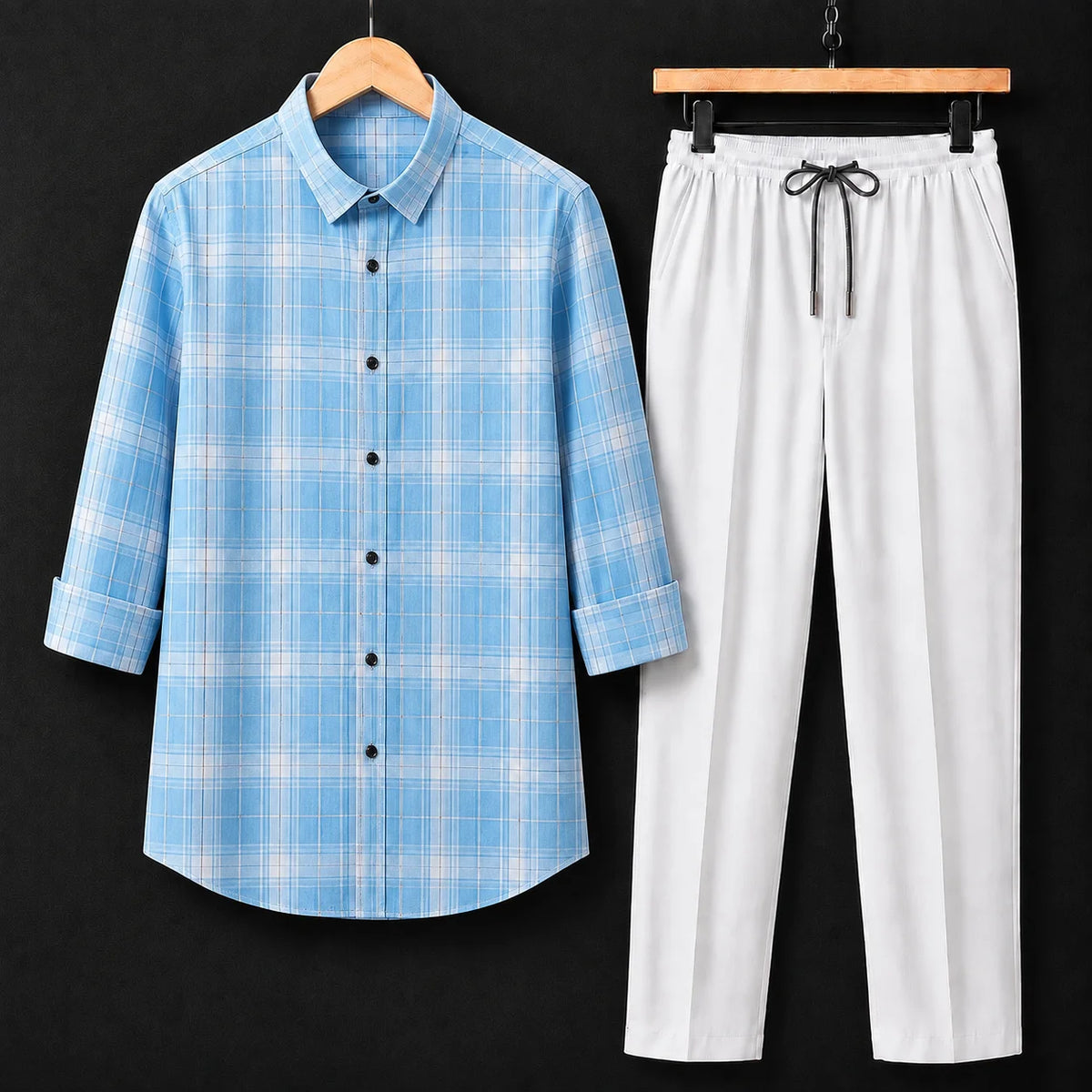 Premium Aura Check Full Sleeves Shirt With White Drawstring Trouser