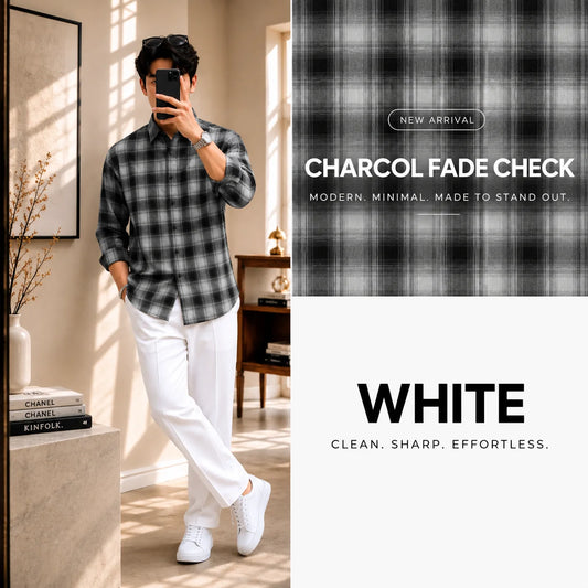 Premium Charcol Fade Check Full Sleeves Shirt With White Drawstring Trouser