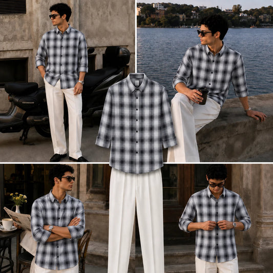 Premium Charcol Fade Check Full Sleeves Shirt With White Drawstring Trouser