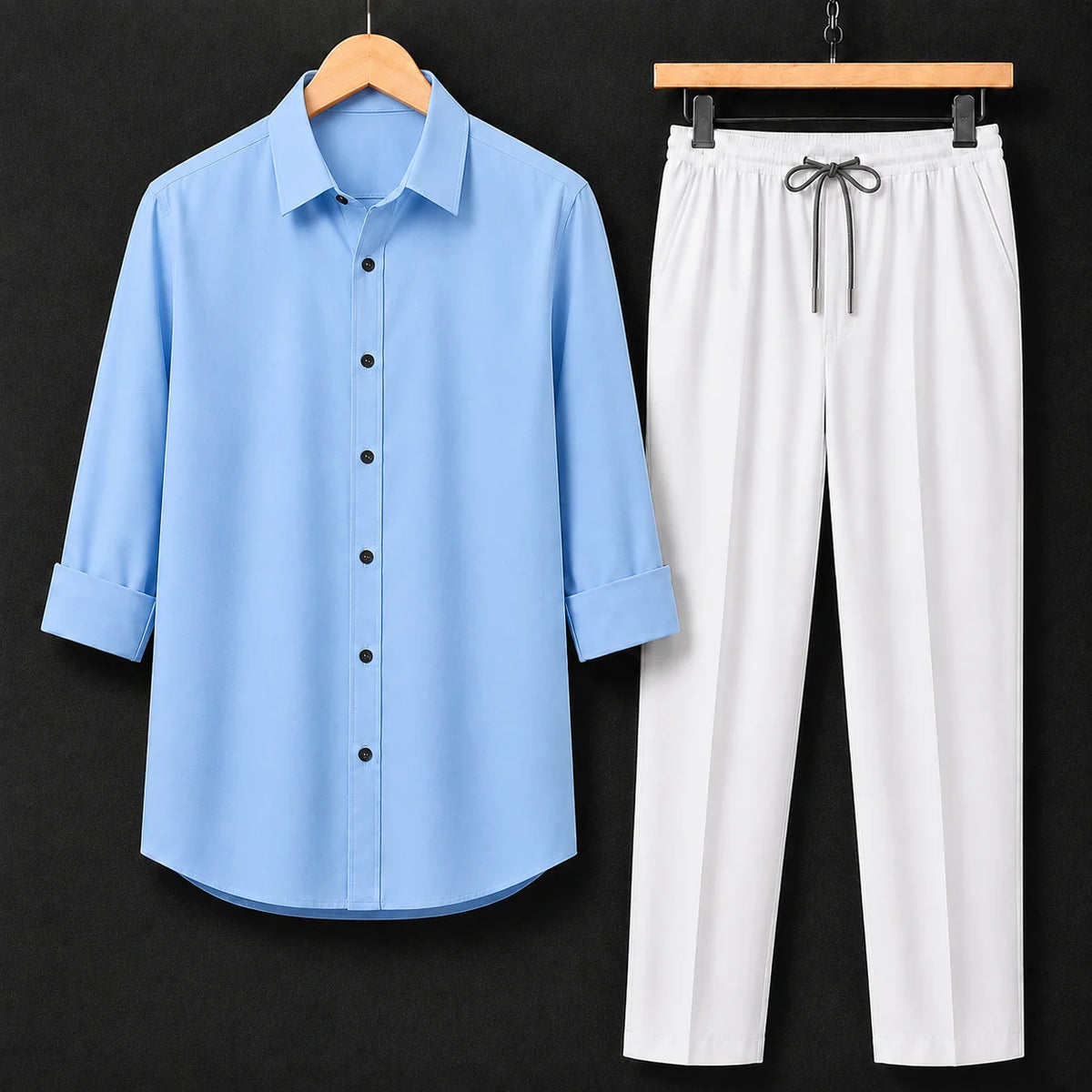 Premium Sky Blue Full Sleeves Shirt With White Drawstring Trouser