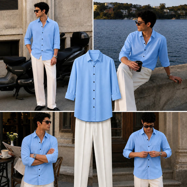 Premium Sky Blue Full Sleeves Shirt With White Drawstring Trouser