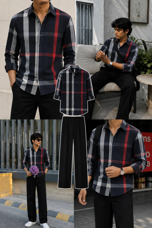 Premium Signature Check Full Sleeves Shirt With Black Drawstring Trouser