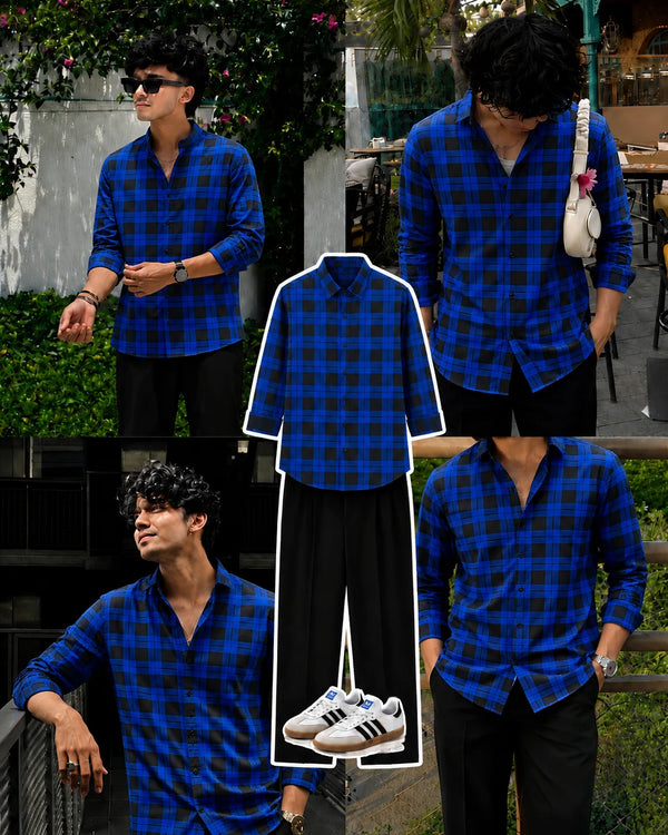 Premium Midnight Check Full Sleeves Shirt With Black Drawstring Trouser