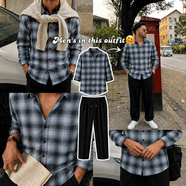 Premium Charcol Fade Check Full Sleeves Shirt With Black Drawstring Trouser