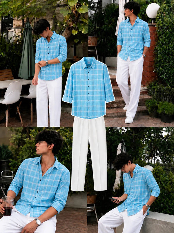 Premium Aura Check Full Sleeves Shirt With White Drawstring Trouser