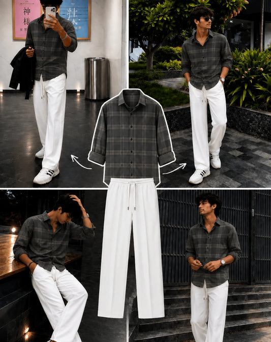 Premium Forest Check Full Sleeves Shirt With White Drawstring Trouser