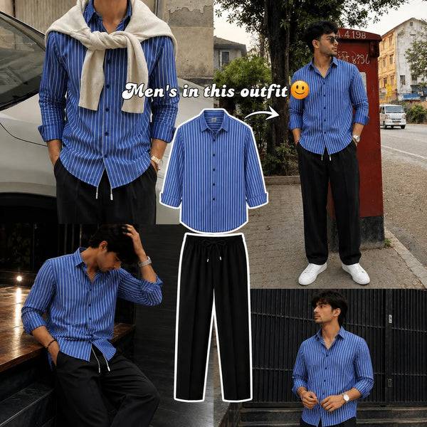 Premium Atlantic Stripe Full Sleeves Shirt With Black Drawstring Trouser