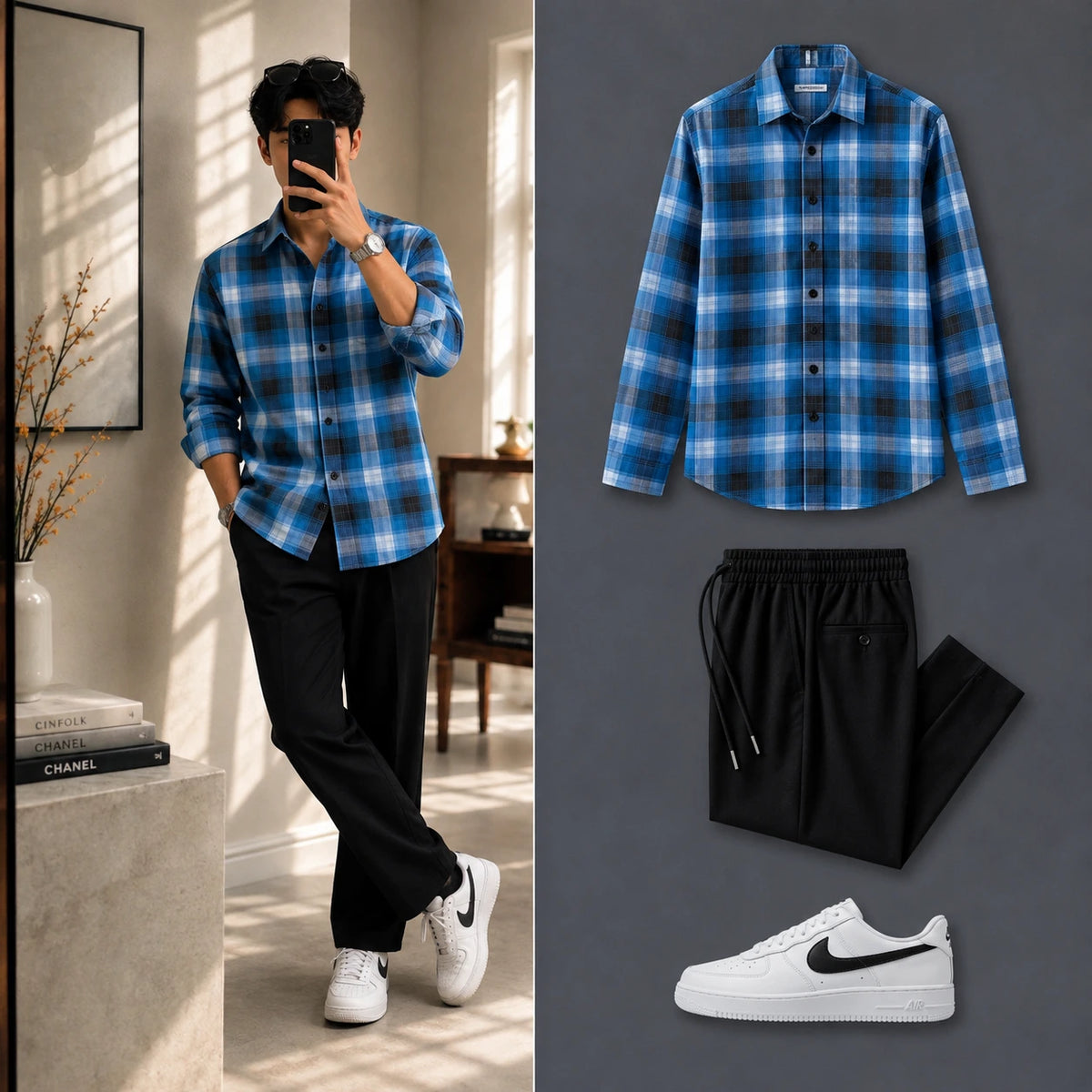 Royal Fade Check Full Sleeves Shirt With Black Drawstring Trouser