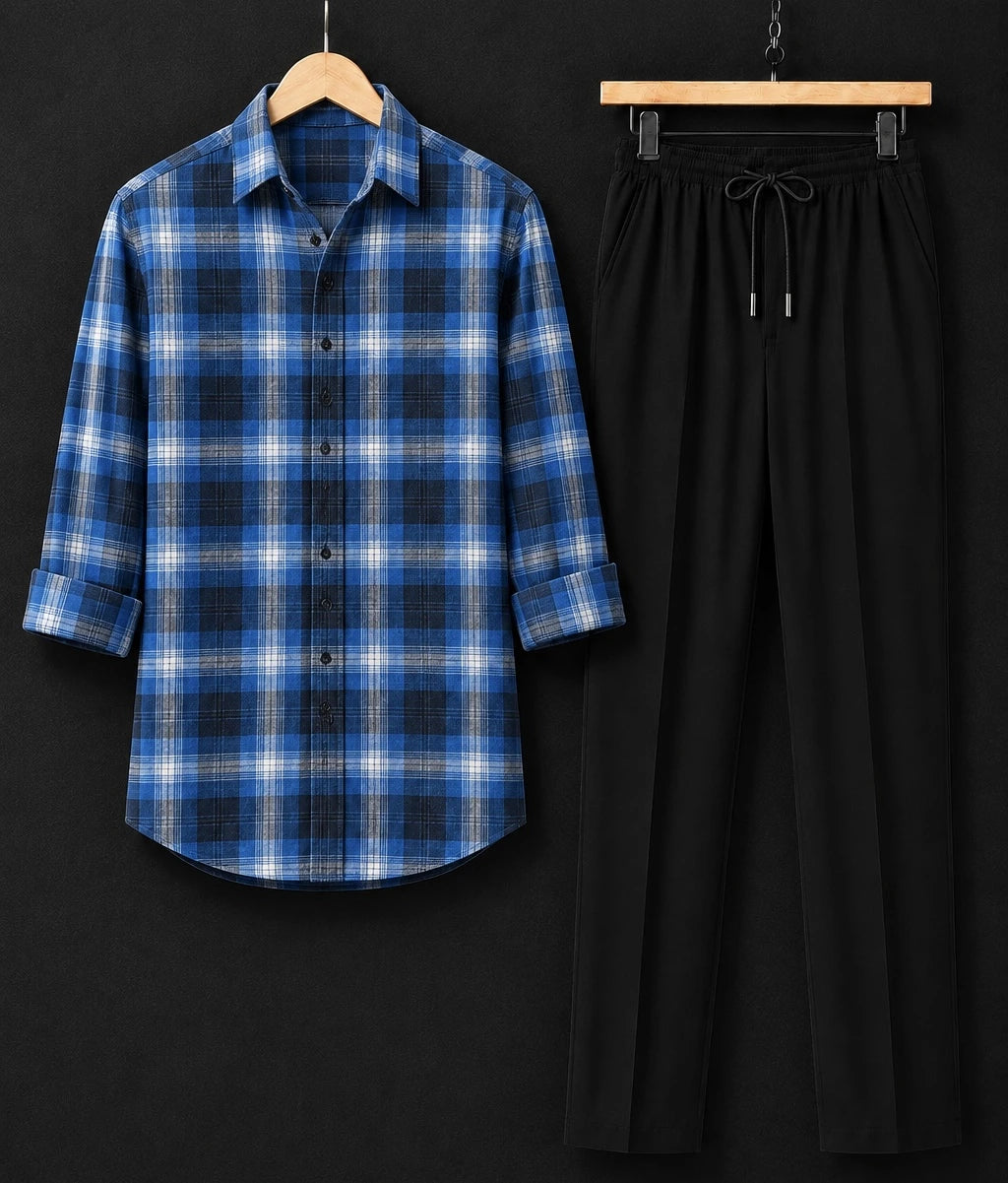 Royal Fade Check Full Sleeves Shirt With Black Drawstring Trouser