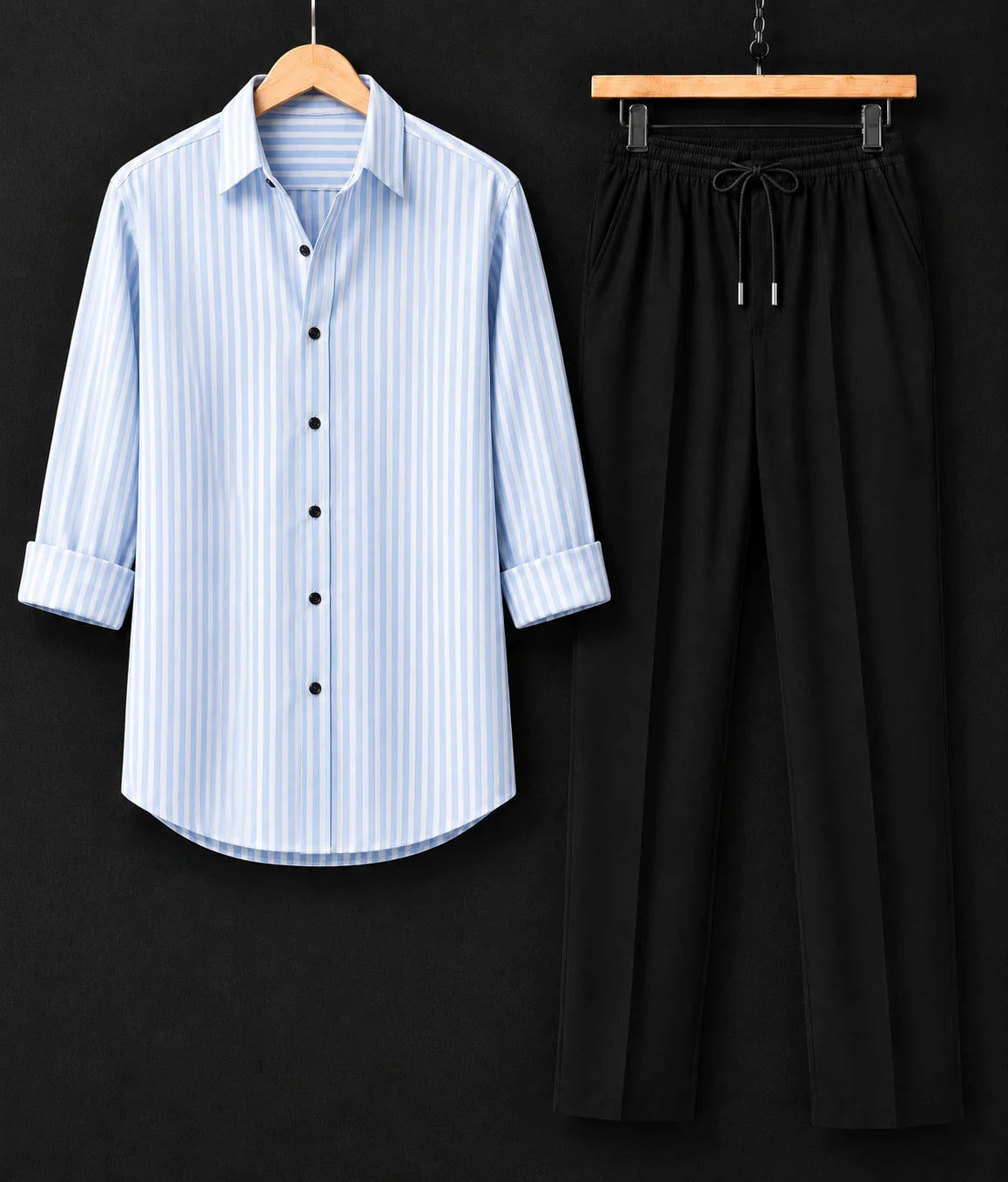 Azure Stripe Full Sleeves Shirt With Black Drawstring Trouser