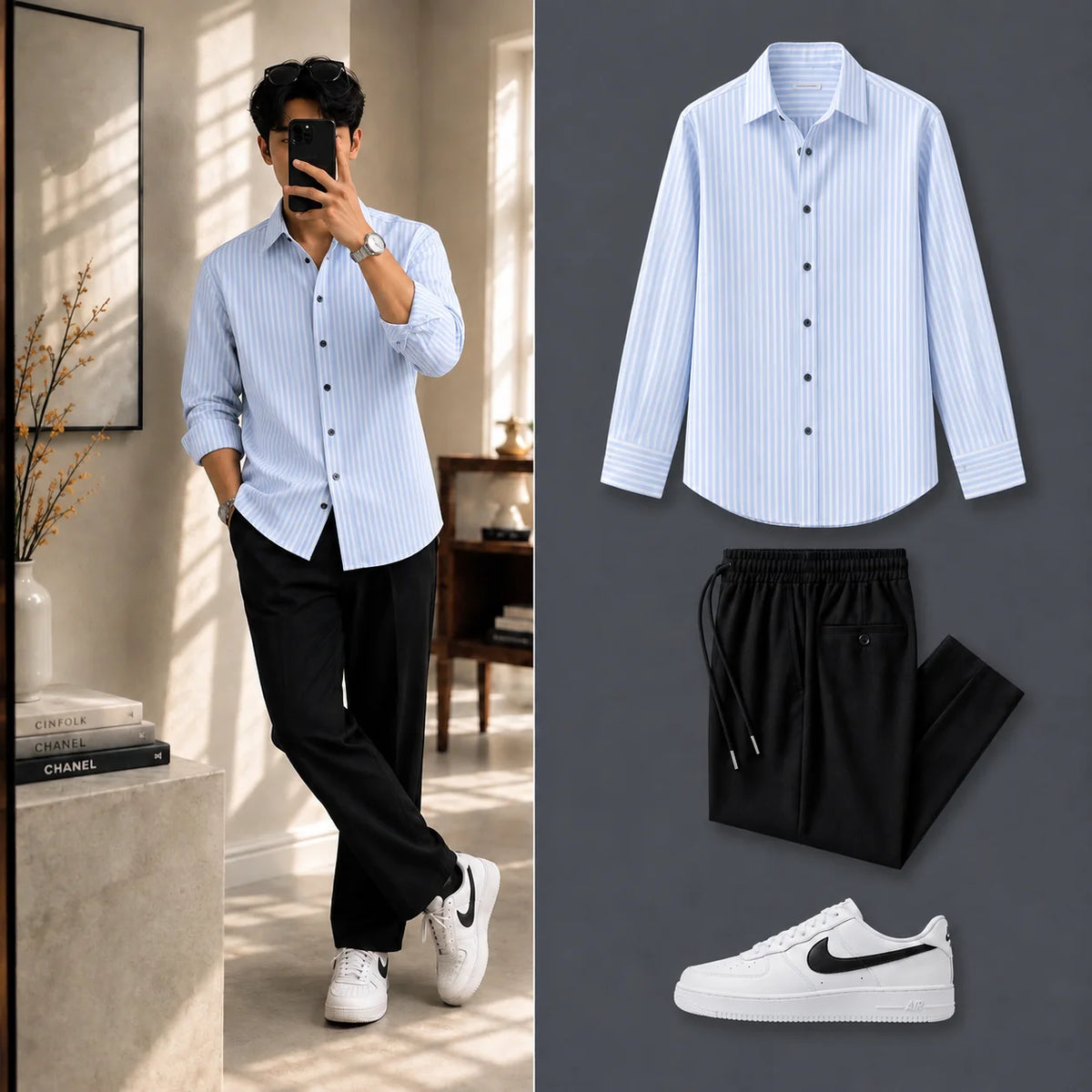 Azure Stripe Full Sleeves Shirt With Black Drawstring Trouser
