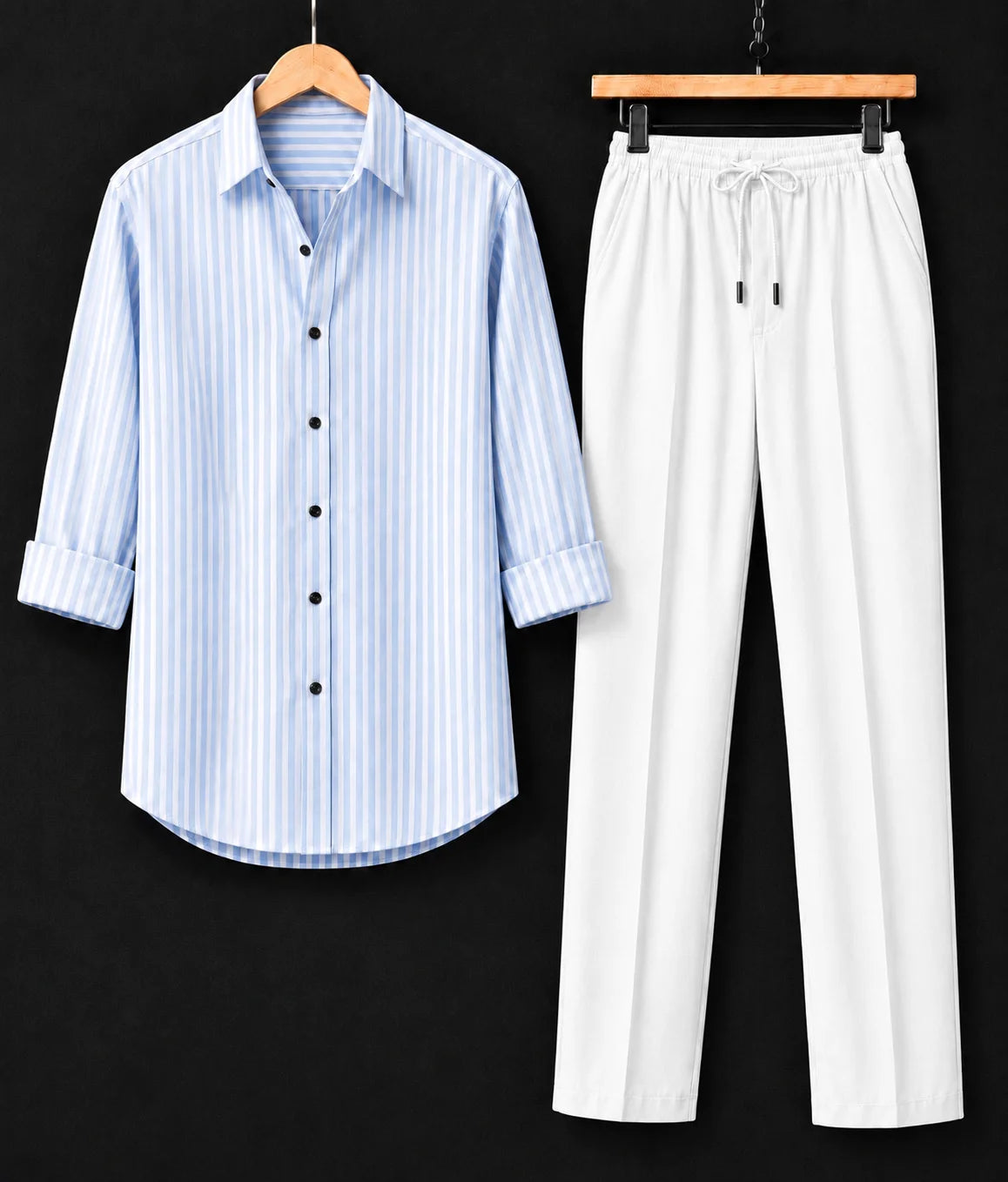 Azure Stripe Full Sleeves Shirt With White Drawstring Trouser