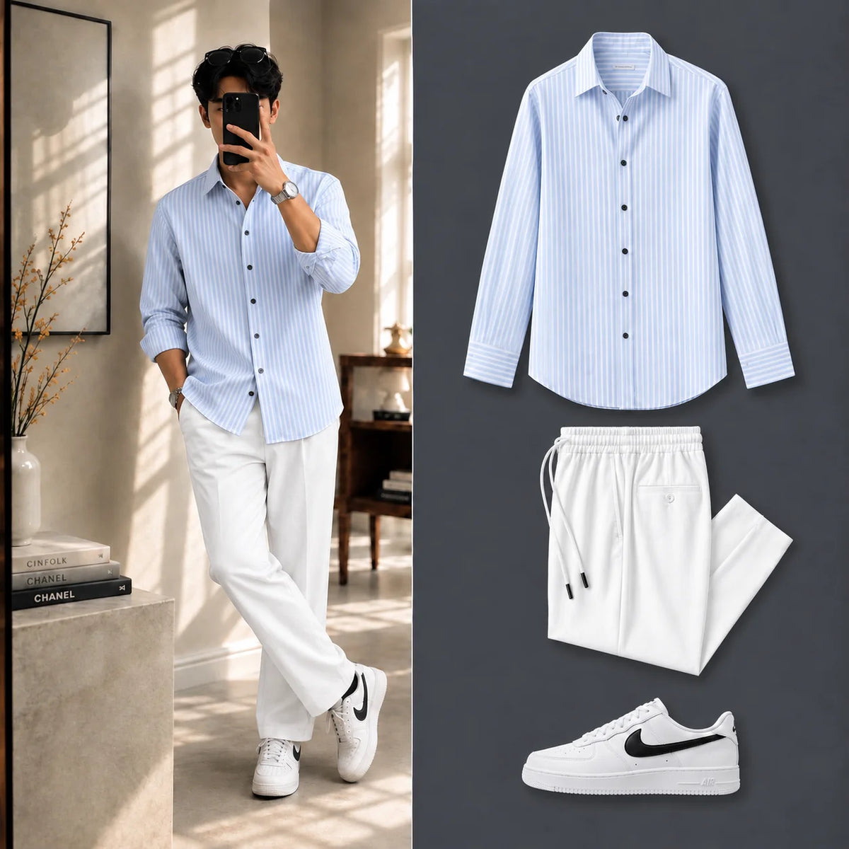 Azure Stripe Full Sleeves Shirt With White Drawstring Trouser