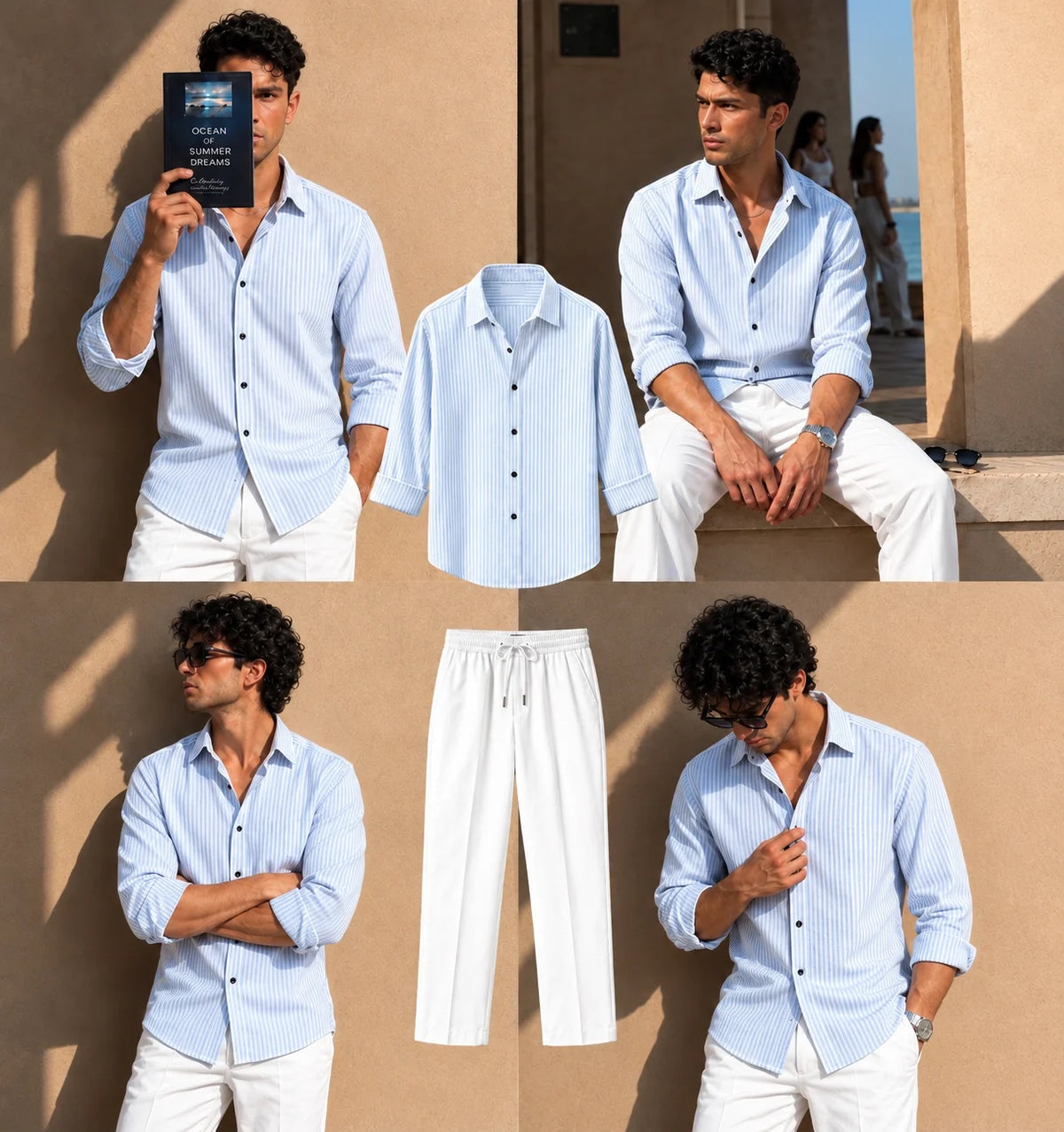 Azure Stripe Full Sleeves Shirt With White Drawstring Trouser