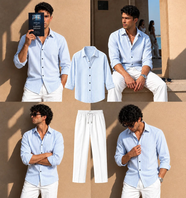 Azure Stripe Full Sleeves Shirt With White Drawstring Trouser
