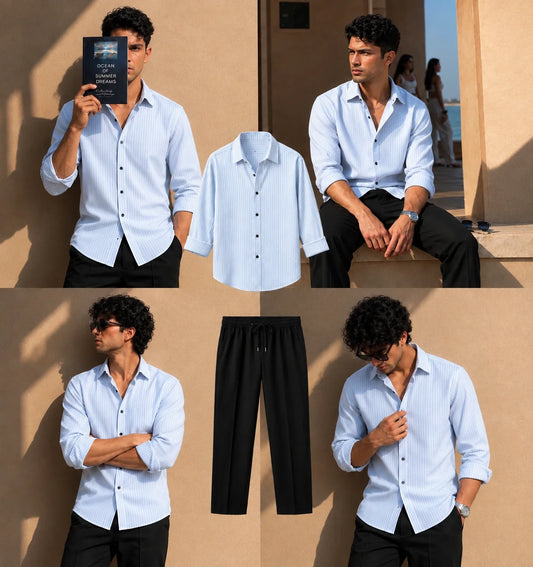 Azure Stripe Full Sleeves Shirt With Black Drawstring Trouser